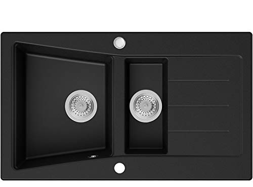Fregadero de Granito Negro, 88 x 52 cm, Lavabo Cocina 1,5 Senos + Sifón Clásico, Fregadero Empotrado de Primagran Fregadero de Granito Negro, 88 x 52 cm, Lavabo Cocina 1,5 Senos + Sifón Clásico, Fregadero Empotrado de Primagran