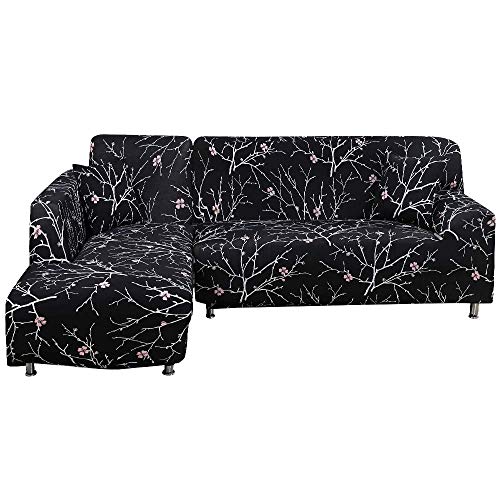 Fundas Sofá Elásticas Chaise Lougues,Cubre Sofa Chaise Longue Antideslizante Extraíbles y Lavables,Fundas Protetora para Sofá en Forma de L 2 Piezas(Flores Negaras,2 Plazas+3 Plazas)