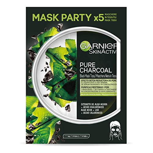 Garnier Skin Active - Black Mask Tissu Pure Charcoal, mascarilla de tejido con carbón y extracto de alga negra para pieles con poros dilatados, 5 unidades
