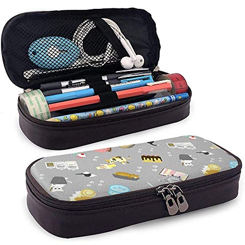 Gatos Pasteles Para Hornear En Estuche De Lápices Gris Funda De Lápiz De Cuero De Pu Organizador De Papelería Bolso De Maquillaje Cosmético Multifunción, Soporte