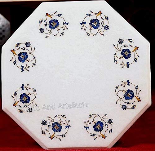 Gifts And Artefacts Sofá de mármol blanco para mesa de arte de marquetería con piedras preciosas de lapislázuli arte floral se puede utilizar en restaurante y mesa de bar, 38 cm