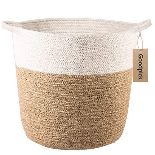 Goodpick - Cesta de almacenamiento de cordón de algodón - Cesta de yute tejida para la colada, con asas. Para juguetes, mantas y cubiertas de maceta, 7,25 x 6,8 x 5,7 cm.