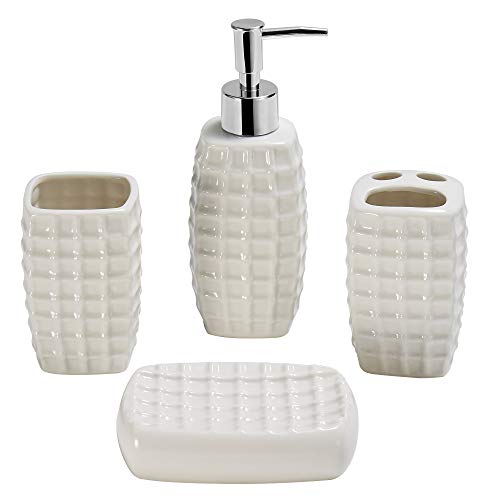 Gricol Juego de accesorios de baño de cerámica, dispensador de jabón líquido o loción, soporte para cepillo de dientes, vaso, jabonera, color blanco