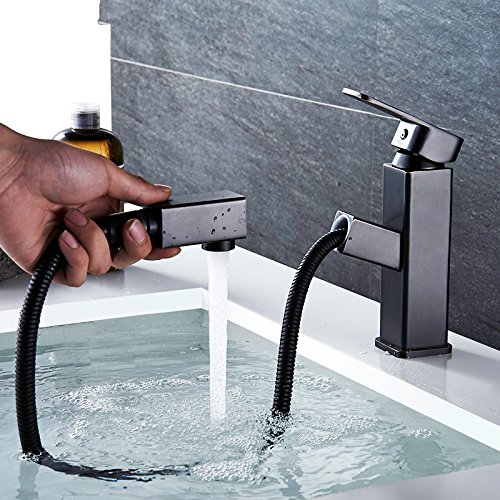 Grifo De Cocina Grifo Extraíble De Cobre Antiguo Negro Lavabo De Lavabo Frío Y Caliente Lavabo Lavabo De Un Solo Orificio Champú Retráctil,Nuevo Tirador De Esquina Redondeada Negro Antiguo