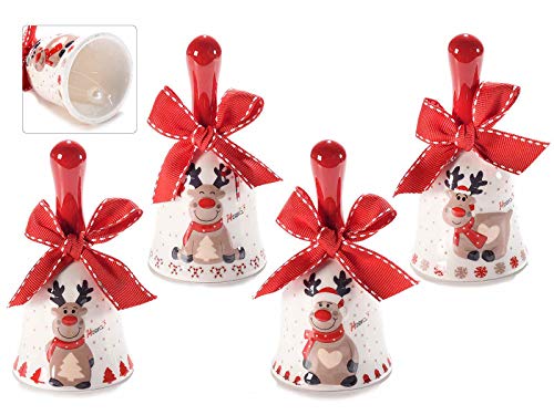 Gruppo Maruccia Ocho campanas navideñas de cerámica con renos y lazo rojo, decoración navideña, idea de regalo Gruppo Maruccia Ocho campanas navideñas de cerámica con renos y lazo rojo, decoración navideña, idea de regalo