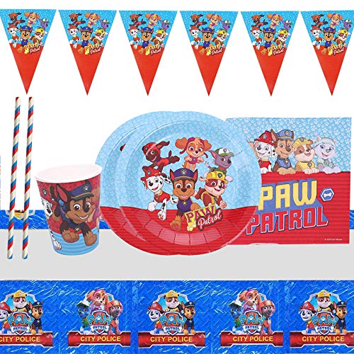Gxhong 52 piezas Juego de fiesta de cumpleaños para niños de la Paw dog Patrol incluye Pancartas Mantel Platos Tazas Servilletas y Pajitas