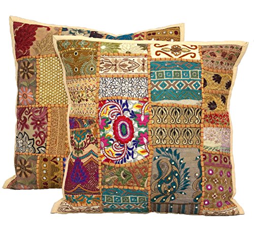 Handicraftsuk - Fundas de cojín, 2 unidades, diseño hindú, hechas a mano, clásicas, decorativas, diseño con lentejuelas y bordados, decoración exclusiva para hogares, 40 x 40 cm