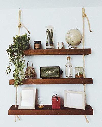 Hannun Estantería de Pared Makemba/Estantería de Madera Maciza y Cuerdas de Cáñamo Artesanal Fabricada a Mano, Color Nogal 70 cm Hannun Estantería de Pared Makemba/Estantería de Madera Maciza y Cuerdas de Cáñamo Artesanal Fabricada a Mano, Color Nogal 70 cm