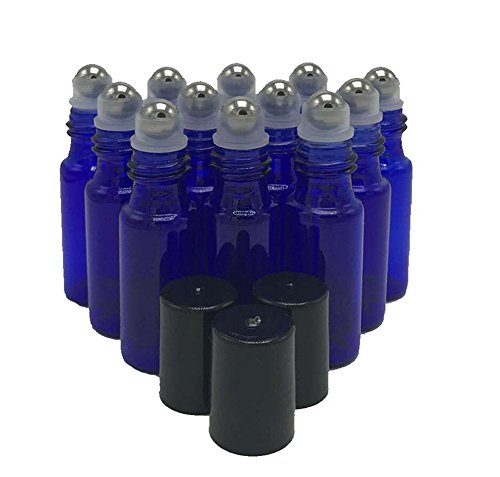 Hugestore - 12 botellas rellenables de 5 ml, de cristal, color azul, con punta roll-on, para aceites esenciales y aromaterapia, con cuentagotas de 3 ml