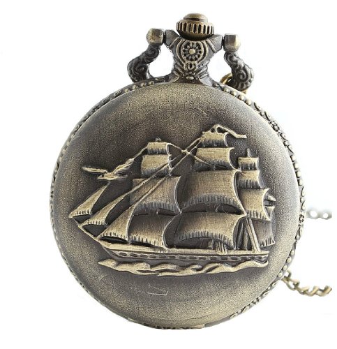 Infinite U Retro Antiguo Barco de Vela/Barcos de Guerra/Barco Pirata Unisex Reloj de Bolsillo de Cuarzo Grande Collar