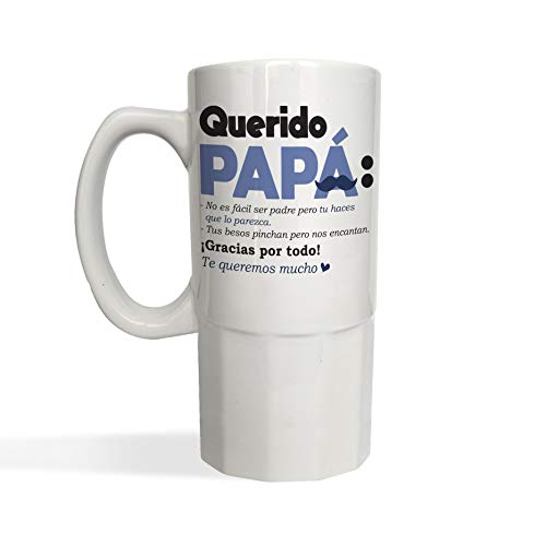 Jarra de Cerveza Querido Papá DIA DEL PADRE - Jarra cerámica o cristal glaseado 650 ml - Frase divertida Regalo Sorpresa DIA DEL PADRE o Cumpleaños (cerámica blanca)