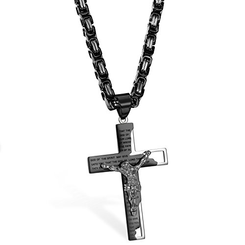 JewelryWe Collar de Hombre Colgante de Cruz Crucifijo Oración de la Biblia En Ingles, Acero Inoxidable Collar Original de Color Plata Cadena 65cm, Regalos para Navidad