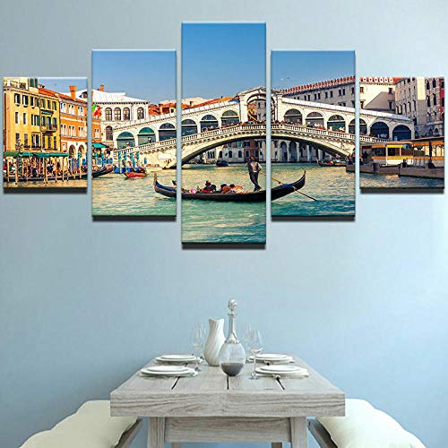 JJJKK Cuadro Moderno En Lienzo,5 Piezas XXL Góndola del Canal del Puente de Venecia HD Abstracta Pared Imágenes Modulares Sala De Estar Dormitorios Decoración para El Hogar