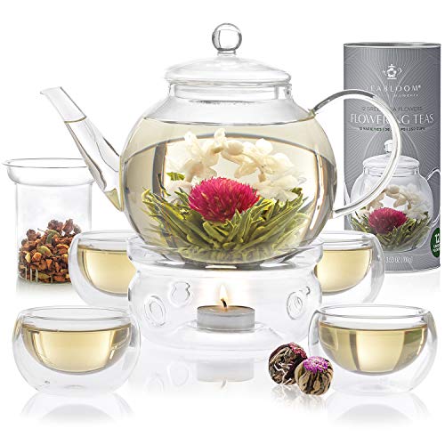 Juego completo de tés con flor de Teabloom: tetera de vidrio de borosilicato - 12 tés con flor - calentador de tetera - 4 vasos de cristal doble - infusor de té para hojas sueltas