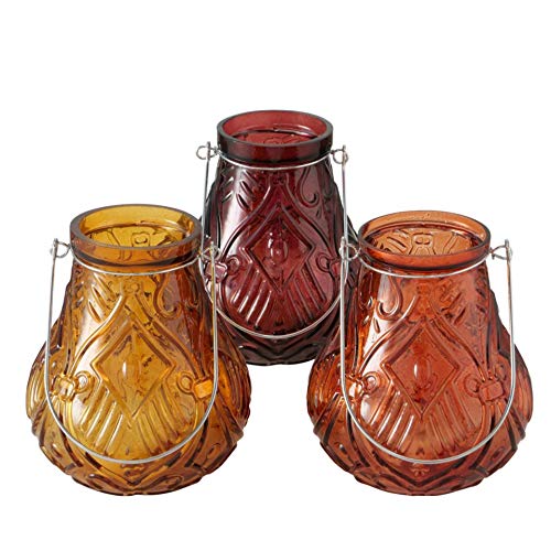 Juego de 3 candelabros de cristal con adornos en relieve, color amarillo, naranja y rojo, 14,5 cm de alto x 12,5 cm de ancho x 12,5 cm de alto. Juego de 3 candelabros de cristal con adornos en relieve, color amarillo, naranja y rojo, 14,5 cm de alto x 12,5 cm de ancho x 12,5 cm de alto.