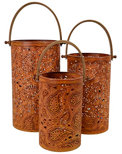 Juego de 3 faroles decorativos de metal en aspecto oxidado, soporte para velas de té