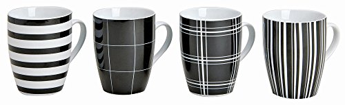 Juego de 4 tazas de café, 10 cm de altura, 8 cm de diámetro, 300 ml de capacidad, diseño de rayas y cuadros de color blanco y negro
