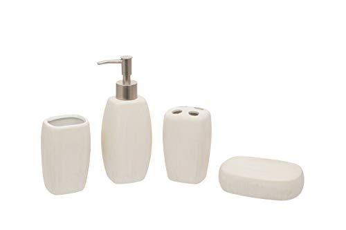 Juego de baño ovalado blanco de 4 piezas – Dispensador de jabón/loción, soporte para cepillo de dientes, vaso, jabonera