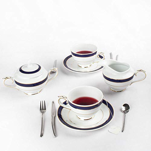 Juego de Café de porcelana blanco azul estilo clásico 27 piezas - 12 Tazas, 12 Platitos, 1 Cafetera, 1 Lechera, 1 Azucarero | Modelo Victoriano Azul Cobalto