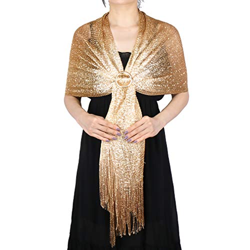KAVINGKALY Chales y abrigos metálicos brillantes para la fiesta de la boda Bufanda de fiesta con flecos (Oro-Plata (con hebilla dorada))