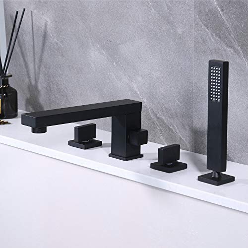 Kelelife Grifo mezclador para bañera de color negro mate con ducha de mano, 4 agujeros para montaje en cubierta de bañera y ducha para baño Kelelife Grifo mezclador para bañera de color negro mate con ducha de mano, 4 agujeros para montaje en cubierta de bañera y ducha para baño