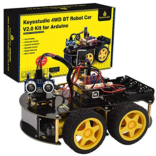 KEYESTUDIO Kit de Coche Robot Inteligente Compatible con Arduino IDE con Módulo de Seguimiento de Línea, Sensor Ultrasónico, Módulo IR, Kit Robótico Coche Educativo Stem para Niño, Adulto