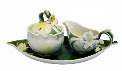 Keyhome - Juego de bandeja para leche y azucarero de cerámica Lilium, pétalos con caja y bandeja – Lechera 8 x 16 cm – Azucarero 13 x 9 cm