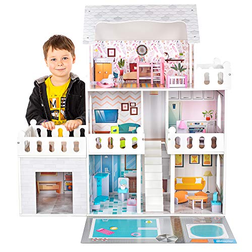 Kinderplay Grande Casa de Muñecas, Casa de Madera para con Garaje Iluminación LED con Muebles y Accesorios Incluidos, 3 Pisos, para muñecas de 90 cm, Color Multicolor GS0020A Kinderplay Grande Casa de Muñecas, Casa de Madera para con Garaje Iluminación LED con Muebles y Accesorios Incluidos, 3 Pisos, para muñecas de 90 cm, Color Multicolor GS0020A