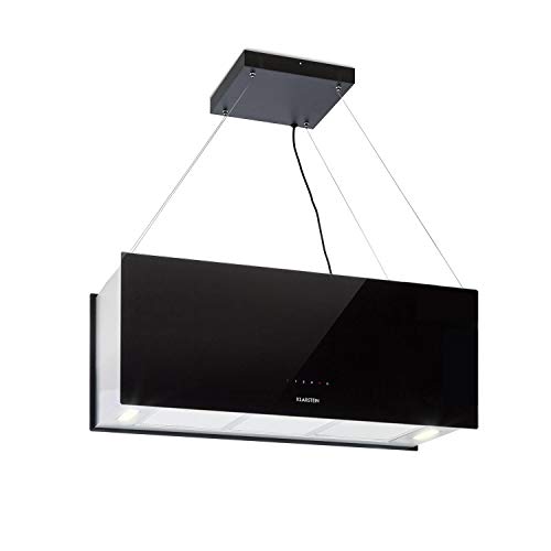 Klarstein Kronleuchter - Campana extractora en isla, Flujo aire hasta 600 m³/h, Iluminación LED, Eficiencia energética Clase A, 3 niveles, Filtro grasa, Control táctil, 90 x 35 x 35 cm, Negro