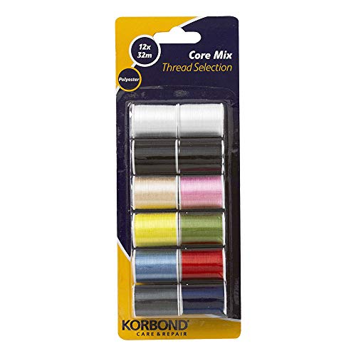 KORBOND Core Mix Selección de 12 bobinas de Hilo de poliéster, 10 Colores Diferentes, para Coser a Mano y a máquina, remendar y Hacer Manualidades, 32 m Cada una