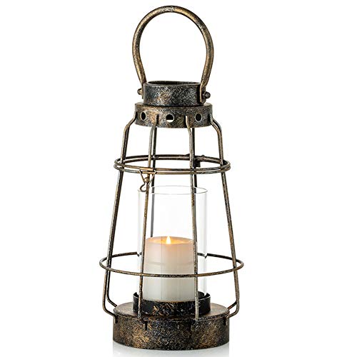 Linternas Velas Vintage Decorativas con Mango Portátil Rústico Pilar Portavelas con Vidrio Farol de Hierro Forjado Farol para Fiesta Bodas Centro Mesa Decoración Jardín Interior Uso Al Aire Libre