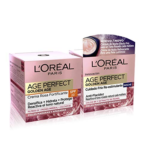 L'Oréal Paris Age Perfect Golden Age Set de Crema de Día Rosa con Protección Solar SPF 20 y Crema de Noche Fortificante, Antiarrugas y Luminosidad, Pieles Maduras y Apagadas, 50 ml cada una