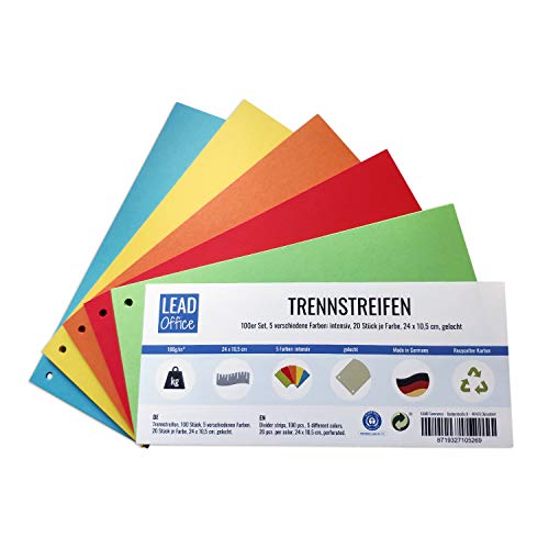 Lote de 100 separadores de 5 colores: intensos, 20 unidades de cada color, 24 x 10,5 cm, perforados, 180 g/m², para clasificar y separar documentos hasta DIN A4