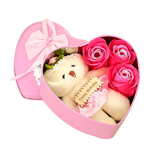 Majome 3 Jabón en Forma de Flor Jabón Rosa con Osito y Caja de Almacenamiento en Forma de corazón Regalo romántico para Amantes Novias