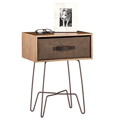 mDesign Mesita auxiliar de madera y metal pequeña – Elegante mesa auxiliar vintage para el salón o el dormitorio – Mesa de centro con moderno diseño de horquilla – marrón