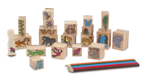 Melissa & Doug Stamp-a-Scene - Juego de sellos: Selva tropical (20 sellos de madera, 5 lápices de colores y almohadilla para estampar de 2 colores) , color/modelo surtido