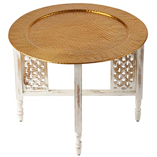 Mesa de centro redonda marroquí Hania Ø 60 cm redonda | Mesa de salón oriental con estructura plegable vintage de madera en blanco | La bandeja es de aluminio en color dorado
