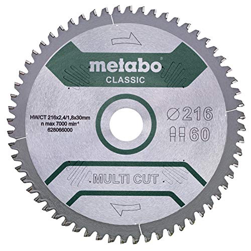 Metabo Disco sierra circular HW/CT 216 x 30 x 2,4/1,8, Número de dientes 60, dientes planos trapezoidales, Ángulo de inclinación 5° neg
