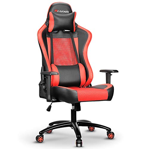 MFAVOR, Silla para Juegos,Silla Gaming,Silla de Computadora con Reposacabezas y Almohada Lumbar, Altura Ajustable del Asiento y Reposabrazos, Inclinación del Respaldo 165 °, Carga Máxima 150 KG (Rojo)