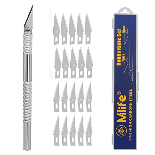 Mlife Hobby Knife Juego de cuchillos artesanales de precisión de acero inoxidable para bricolaje Trabajo de arte - 1 asas y 20 hojas de repuesto con estuche