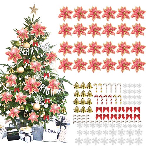 MMTX 120 Adorno de Árbol de Navidad, Flores Artificiales de Navidad Copos de Nieve, Lazos, Campanas, Bastones pequeños para Decoraciones de árboles de Navidad, Rojo