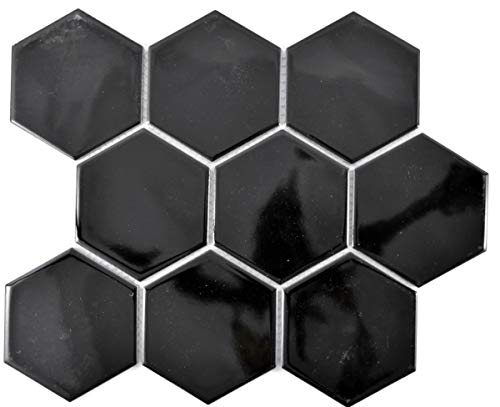 Mosaico de cerámica hexagonal negro brillante MOS11F-0301_f | 10 alfombrillas de mosaico