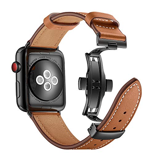 Myada Correa Apple Watch 44mm Piel, Correa Apple Watch Series 4 42mm, Pulsera Apple Watch 4 Metal de con Cierre Magnético, Pulsera Reemplazo para iWatch Serie 1/2/3/4 -Marrón