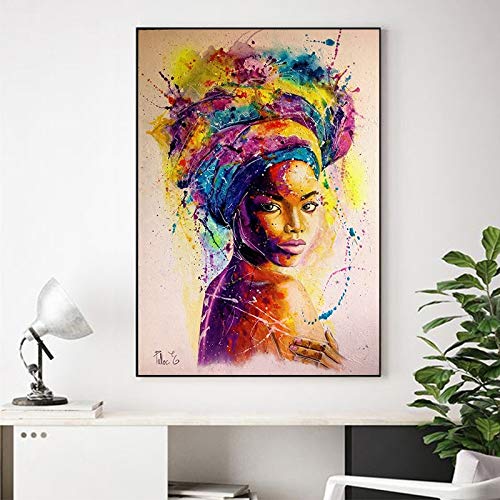 N / A Pintura sin Marco Mujer Africana impresión Abstracta póster Retrato de niña Pintura al óleo Colorida Lienzo Mural Sala de Arte artCJX2127 60X90cm