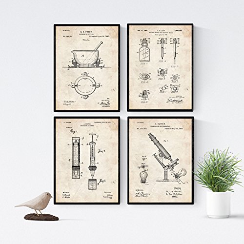 Nacnic Vintage - Pack de 4 Láminas con Patentes de Farmacia. Set de Posters con inventos y Patentes Antiguas. Elije el Color Que Más te guste. Impreso en Papel de 250 Gramos de Alta Calidad