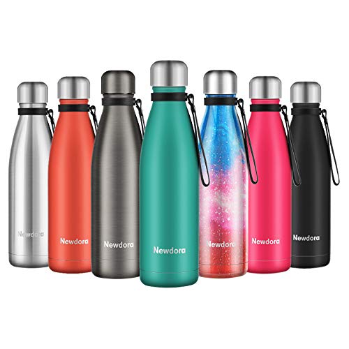 Newdora Botella de Agua Acero Inoxidable 500ml, Aislamiento de Vacío de Doble Pared, Botellas de Frío/Caliente, con 1 un Cepillo de Limpieza, para Niños, Deporte, Oficina, Gimnasio, Ciclismo, Verde