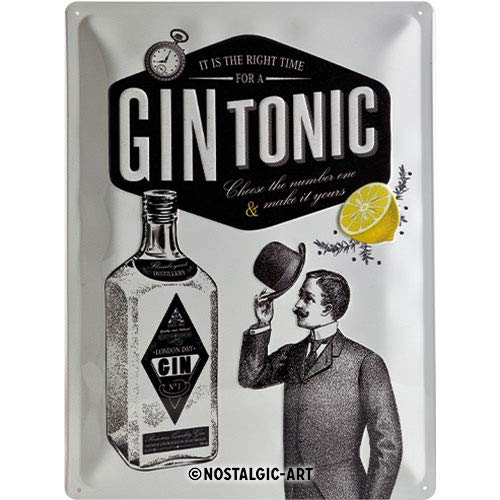 Nostalgic-Art Gin Tonic Placa Decorativa, Metal, Gris y Negro, 30 x 40 cm