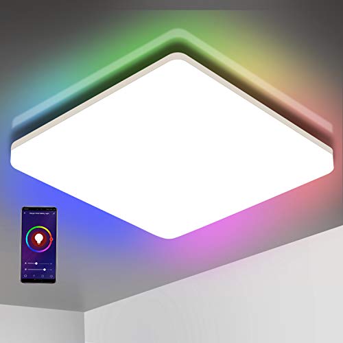 Oeegoo Wifi Smart Lámpara LED de techo, control de aplicación, control por voz (Alexa, Google Assistant), 15W IP54, cambio de color, regulable, blanco cálido y frío, luz ambiental RGB