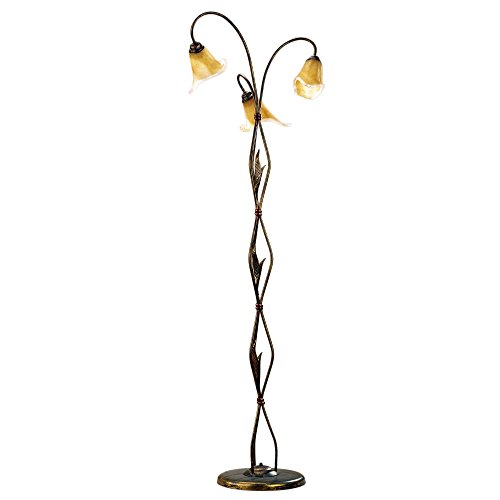ONLI - Lámpara de pie Alga 3 x E14. Metal Marrón dorado, tulipa de cristal mate con interior translúcido ámbar. Estilo clásico, tradicional. Para Camera de cama, salón