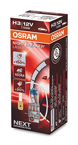 OSRAM NIGHT BREAKER LASER H3, Gen 2, +150% más luz, bombilla H3 para faros delanteros, 64151NL, 12V, estuche plegable (1 lámpara)